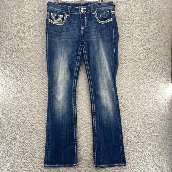 Vigoss Jeans Womens 9 10 Chelsea Blue Dark Wash Slim Boot Contrast Stitch Bling - Picture 1 of 12